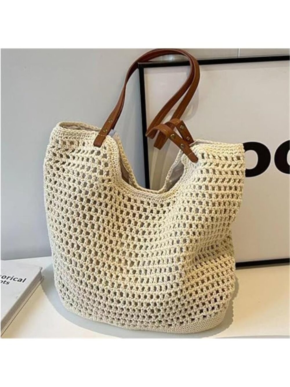 Crochet Beach Tote Bag for Vacation,Bohemian Cotton Hobo Shoulder Beach Bag - Picture 3 of 7